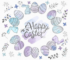 Happy Easter greeting card. Easter Eggs and hand drawn lettering on a watercolor background