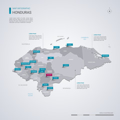 Honduras vector map with infographic elements, pointer marks.