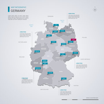 Germany vector map with infographic elements, pointer marks.