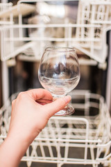 Transparent wine glass, washed in the dishwasher.