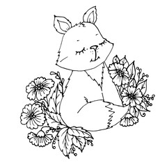 Doodle cute little Fox in flowers postcard coloring with 