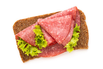 Sandwich with salami sausage on white background.