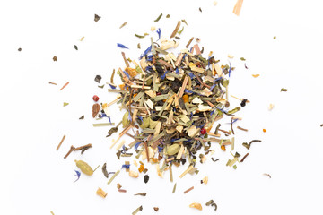 Herbal tea on a white background. Top view.