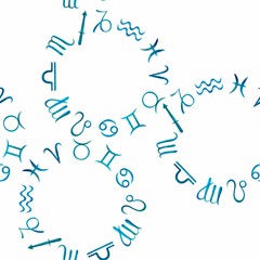 Watercolor seamless pattern from zodiac circles of 12 blue zodiac signs on a white background. Illustration.