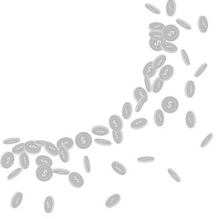 American dollar coins falling. Scattered black and