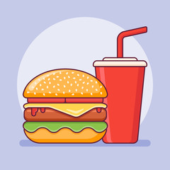 Burger and soda takeaway flat line icon. Fast food vector illustration.