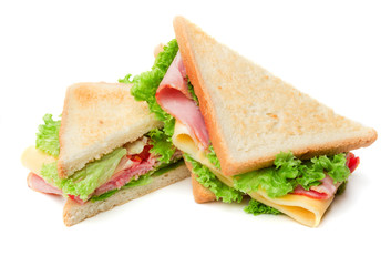 sandwich with ham and vegetables isolated on white background