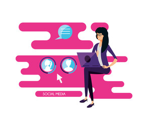 woman with laptop and social media icons