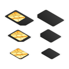 Set of black standard, micro and nano sim cards for phone with golden glossy chip from both sides in isometric view on white