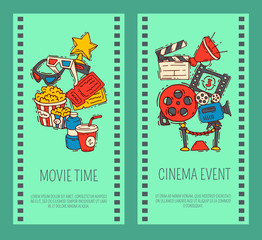 Cinema event poster flyer media production background vector. Sale ticket banner. Movie time and entertainment concept. Camera cinematography advertising flat illustration.