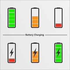 Set of battery charge level indicators. Vector illustration. 