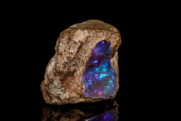 Macro stone Opal mineral in rock on a black background close up