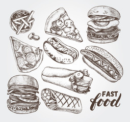 Ink hand drawn set of various burgers, hot dog, burrito, French fries, pizza slice. Food elements collection for menu or signboard design. Vector illustration. - 258517798