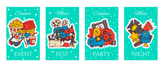 Fototapeta na wymiar Cinema festival cards media production background vector. Sale ticket banner. Movie time and entertainment concept. Camera cinematography advertising flat illustration.