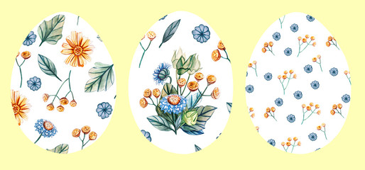 Set of 3 Easter eggs on a yellow background with a pattern of wild flowers.