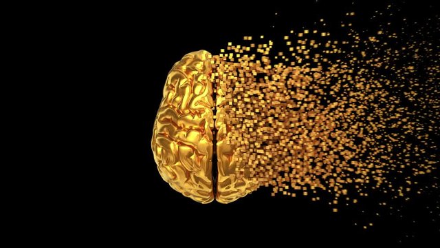 4K. Disintegration Of Golden Brain On Black Background With Alpha Matte. 3D Animation.