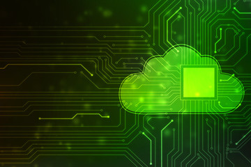 Cloud computing and network security technology concept, Circuit board with cloud symbol and connection links.