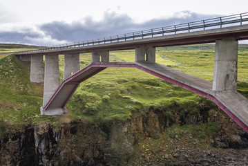 Bridge over Jokulsa a Dal river seen from a parking next to road 1 in Iceland
