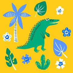 vector green crocodile alligator cute cartoon illustration with palm flowers set on yellow