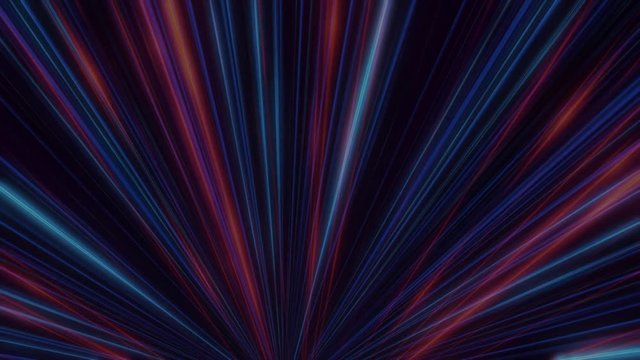 Abstract neon glow of spotlight lines. Animation. Laser disco light show on black background. Neon lines are luminous and shimmering spread from center
