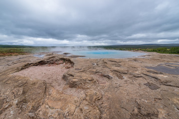 Great Geysir in Geysir geothermal area, one of the most famous tourist attractions in Iceland
