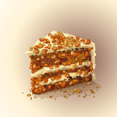 Vector piece of carrot cake with slices of walnuts, dried apricots, prunes, crumbly tender cake layers, which are smeared with fantastic thick cheese cream, delicately tasty. Realistic, hand drawing.