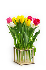 bouquet of tulips in the original wooden vase. Isolated on white background.