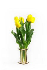 bouquet of tulips in the original wooden vase. Isolated on white background.