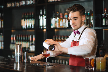Barman making alcoholic drink, pouring fresh cocktail from brassy shaker into elegant glass on the bar counter
