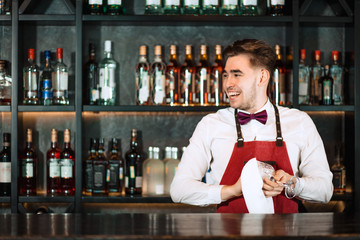 Professional young bartender in white shirt and red apron, wearing bow tie posing at work in night club at bar stand. Service and Entertainment business.