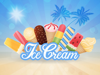 Ice cream illustration with delicious dessert and label on blue background and sandy beach. template for for advertising, cafe and restaurant menus, banners and posters.