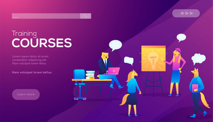 Teamwork, training, improving professional skill, class recording access concept. Website landing