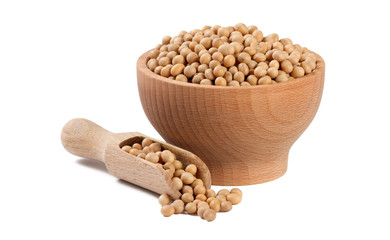 soy bean in wooden bowl and scoop isolated on white background. nutrition. food ingredient.