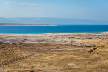 Coast of a Dead Sea salt lake in Jordan