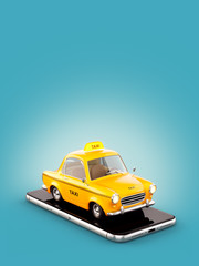 Smartphone application of taxi service for online searching calling and booking a cab. Unusual 3D illustration of taxi cab on smart phone.