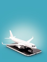 Smartphone application for online searching, buying and booking flights on the internet. Online check-in. Unusual 3D illustration of commercial airplane on smart phone