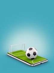Unusual 3d illustration of a soccer field and soccer ball on a smartphone screen. Watching soccer and betting online concept © Vadim Georgiev