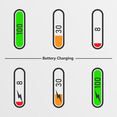 Set of battery charge level indicators. Vector illustration. 