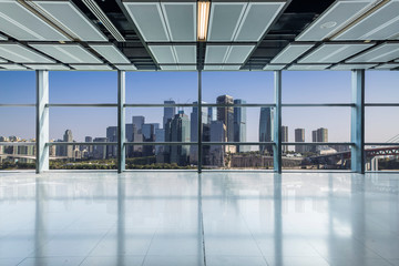 Panoramic skyline and buildings from glass window