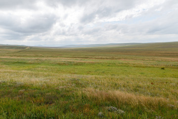 Fototapeta na wymiar Mongolian steppe on the background of a cloudy sky, Mongolia beautiful landscape