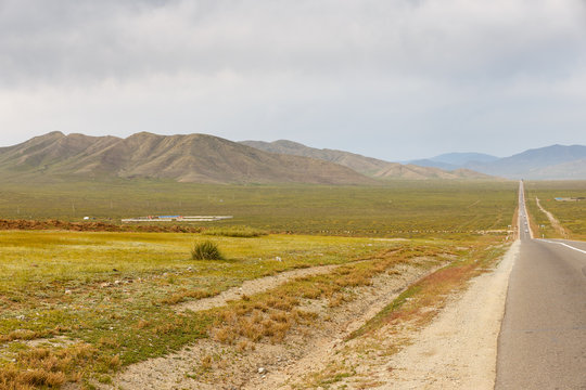 Asphalt road Sukhe Bator - Darkhan in Mongolia, beautiful landscape