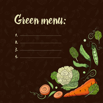 Set With Vegetables On A Dark Background.Eco Food. Green Menu. Vector