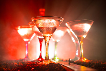 Selection of alcoholic drinks on rustic wood background. Creative artwork decoration