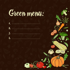 Set with vegetables on a dark background. Green menu. Eco foodPumpkin, zucchini, onions, peas, broccoli, tomatoes, carrots. Vector