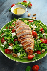 Fresh Grilled Chicken salad with tomatoes, feta cheese and vegetables