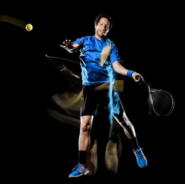 one caucasian tennis player man isolated black background in light painting speed motion