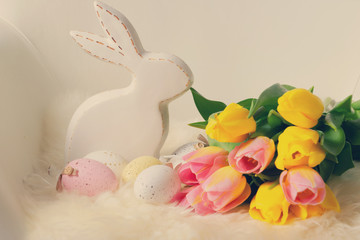 Obraz na płótnie Canvas Easter scene with colored eggs