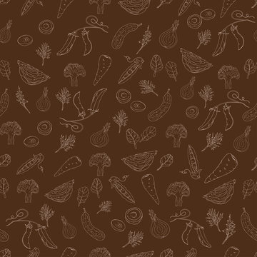 White outline vegetables seamless pattern on brown background. Vector