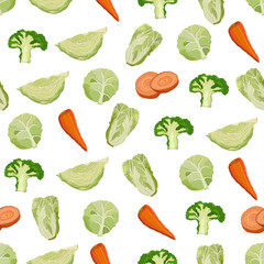 Seamless pattern of cabbage, carrot and broccoli on a white background. Vector