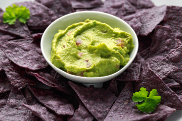 Blue corn Organic tortilla chips with Guacamole